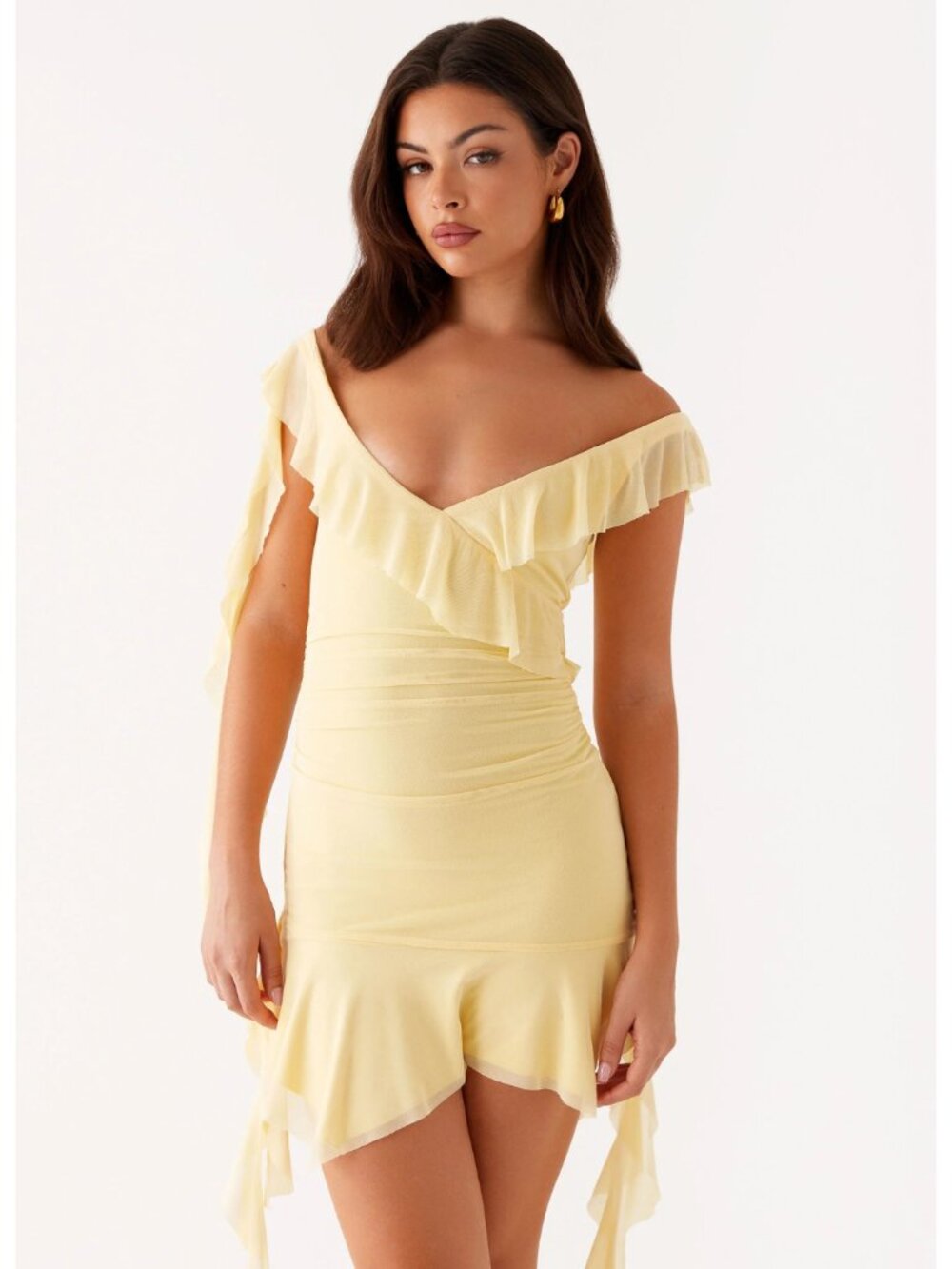 Peppermayo Shona Mini Dress Yellow US 4 Small Ruffle Asymmetric Butter Yellow - Picture 2 of 16